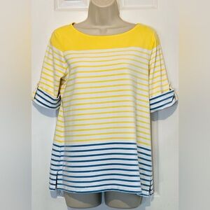 Ruby Rd. Women’s Top, three-quarter sleeves, blue/yellow/white striped, Size M